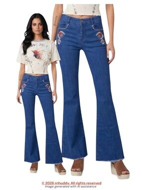 Flying Tomato S embroidered raw hem flare jeans